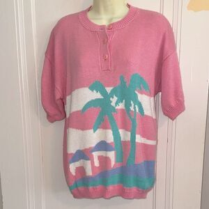 Vintage 80s/90s Catalina Pink Knit Short Sleeve Long Sweater‎ with Beach Scene